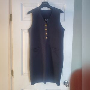 Vintage 90s Lizsport Navy Sleeveless Shift Dress – Gold Crest Buttons – Size 4